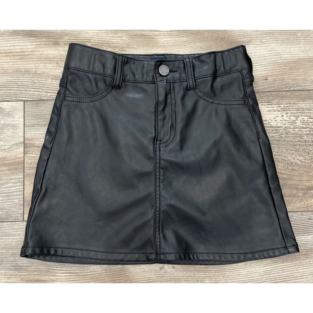 Gap Kids Girls Black Faux Leather A-Line Skirt Pockets Size 7